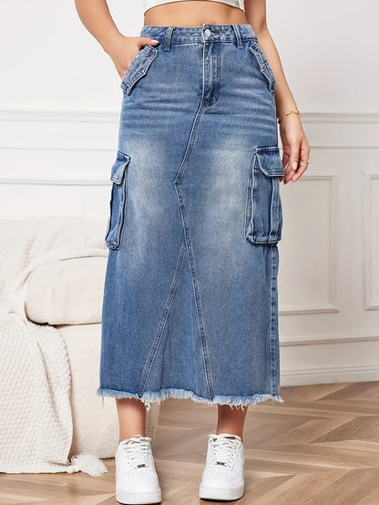 Women's Midi Denim Skirt - Mid-Rise Frayed Hem – Blue option – main product image