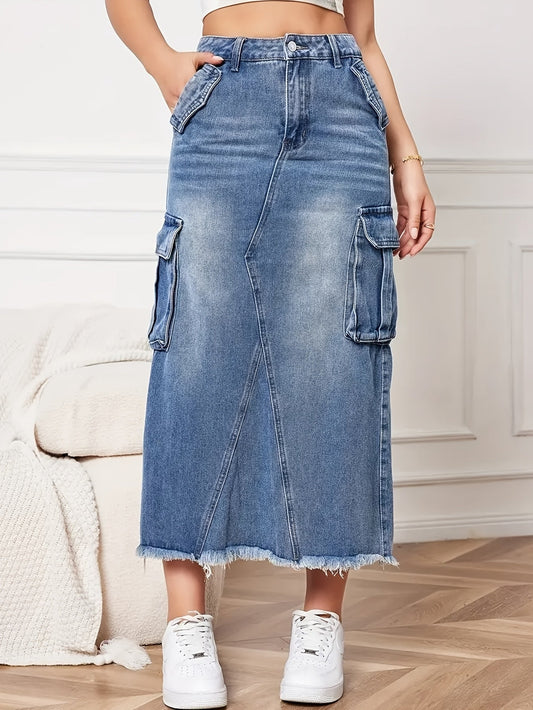 Women's Midi Denim Skirt - Mid-Rise Frayed Hem – Blue option – main product image