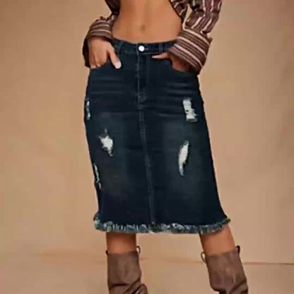 Women's Midi Denim Skirt - Mid-Rise Solid Color detail view