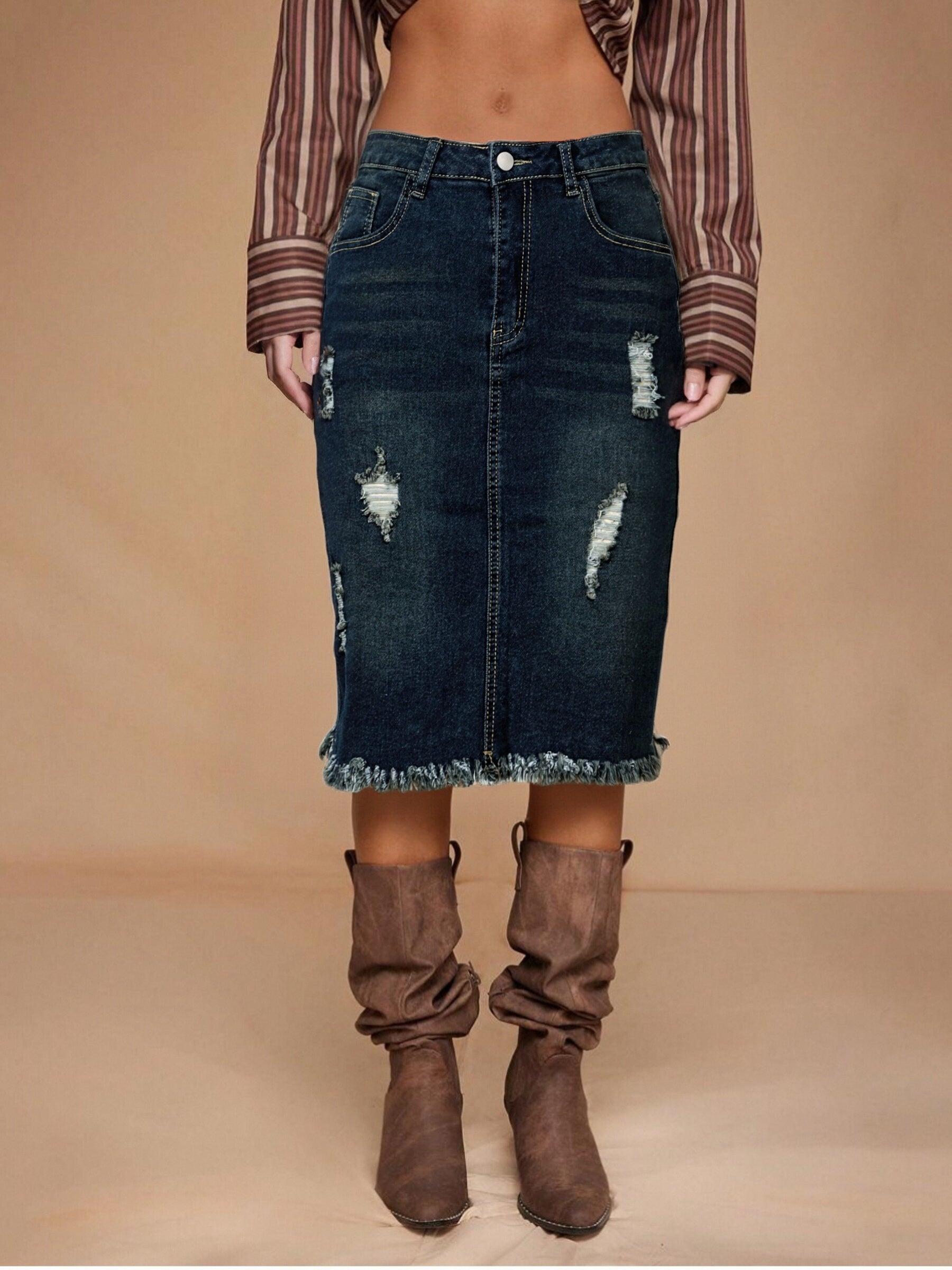Women's Midi Denim Skirt - Mid-Rise Solid Color detail view