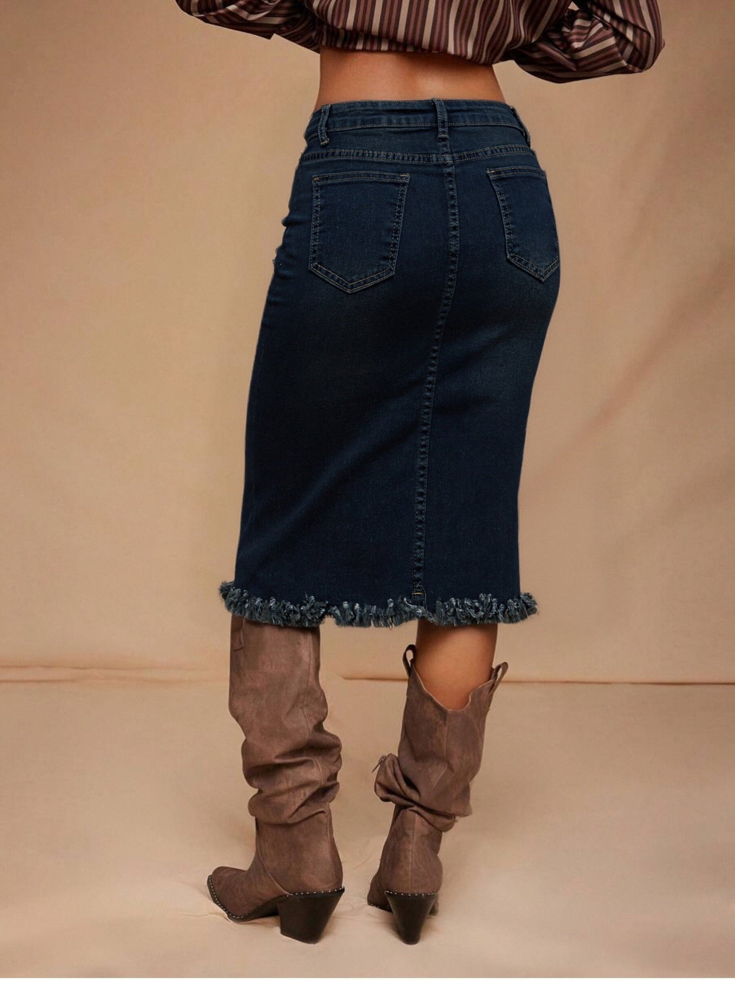 Women's Midi Denim Skirt - Mid-Rise Solid Color detail view
