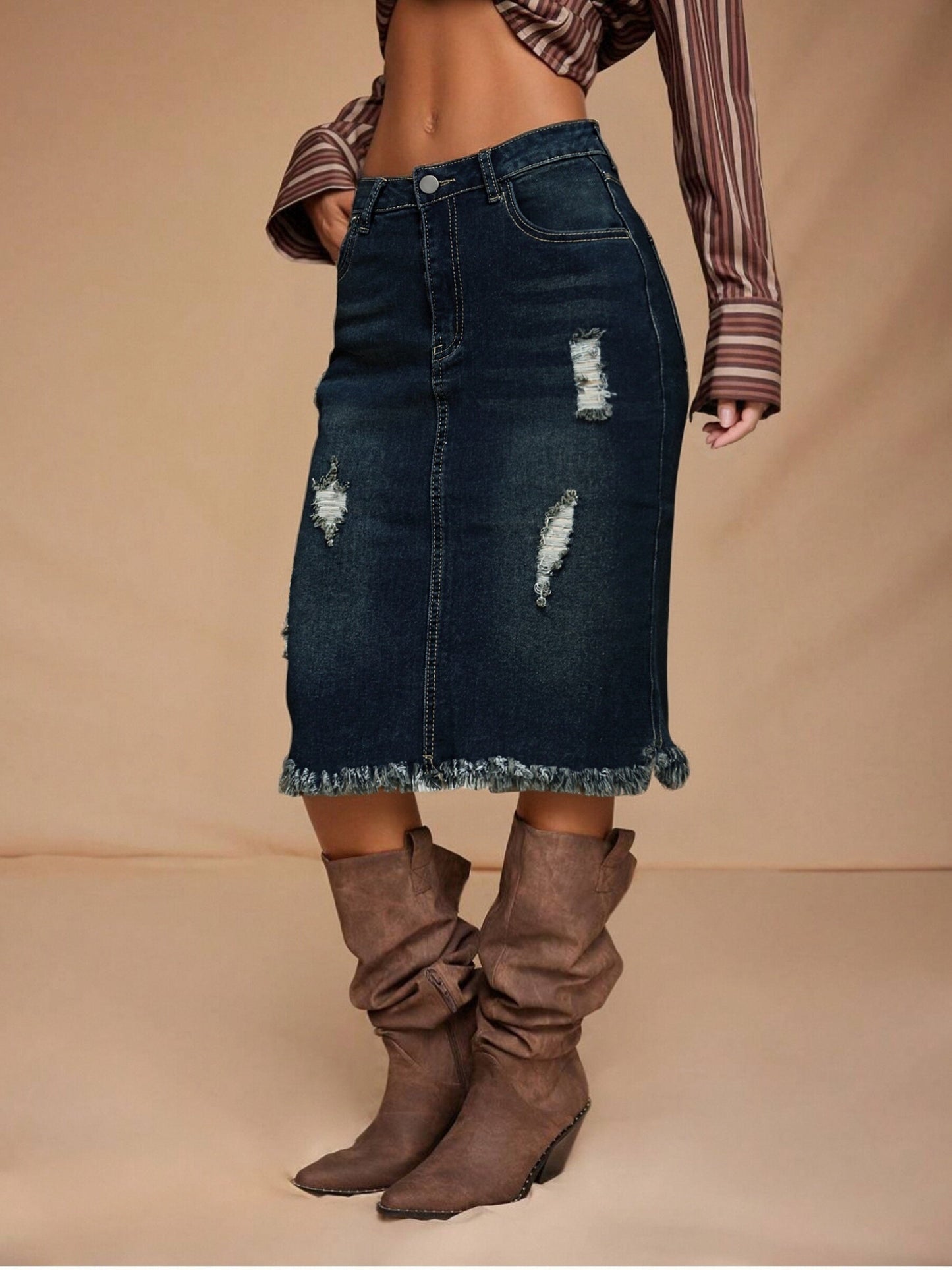 Women's Midi Denim Skirt - Mid-Rise Solid Color – Navy option – main product image