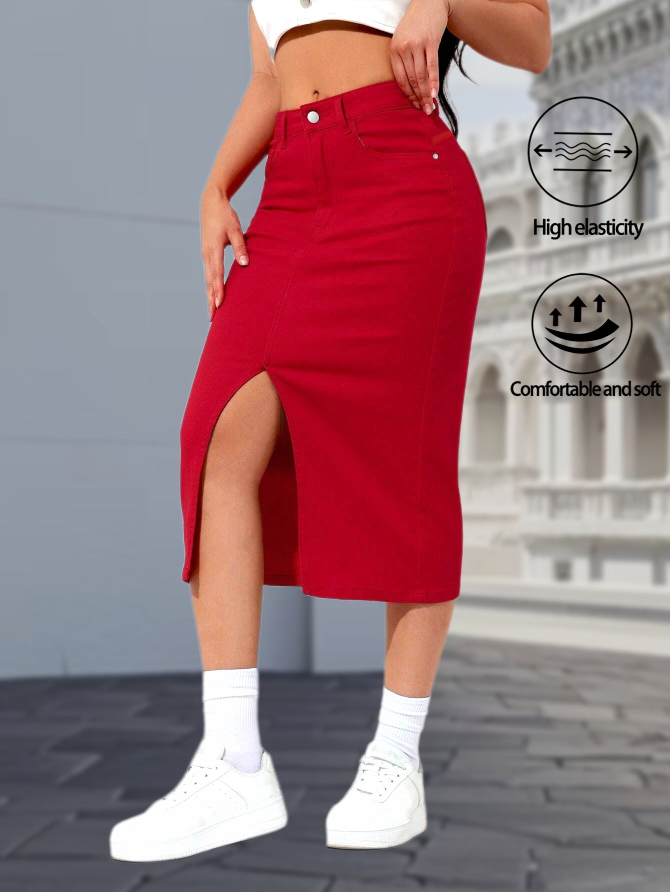 Women's Midi Denim Skirt - Mid-Rise Solid Color Red detail view