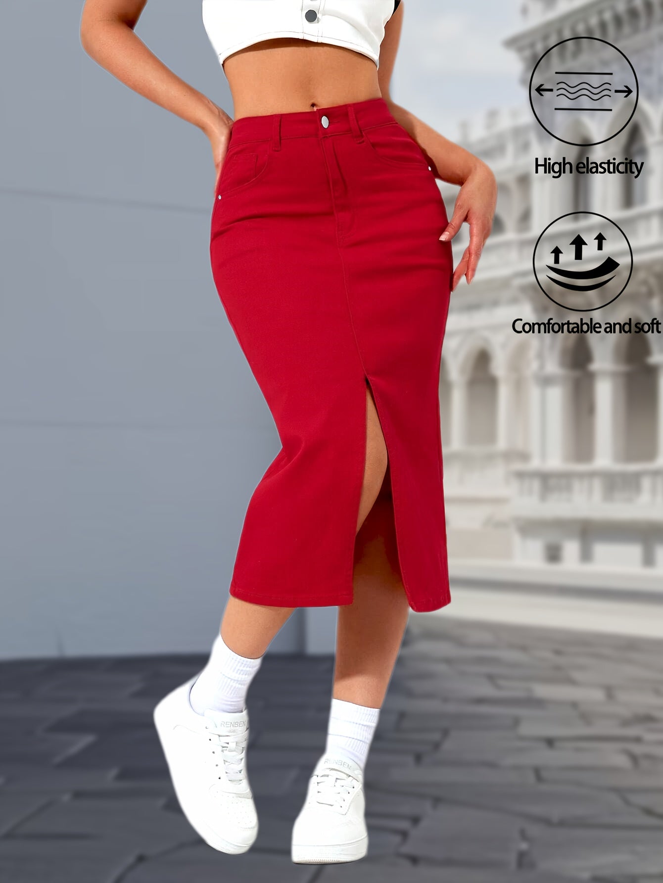 Women's Midi Denim Skirt - Mid-Rise Solid Color Red detail view