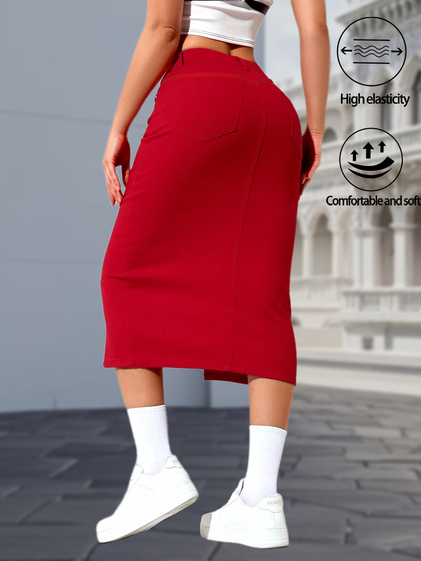 Women's Midi Denim Skirt - Mid-Rise Solid Color Red detail view