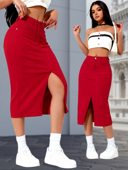 Women's Midi Denim Skirt - Mid-Rise Solid Color Red detail view
