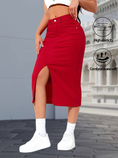 Women's Midi Denim Skirt - Mid-Rise Solid Color Red detail view