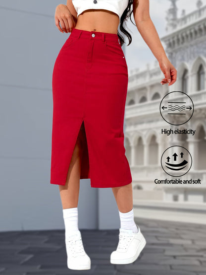 Women's Midi Denim Skirt - Mid-Rise Solid Color Red detail view
