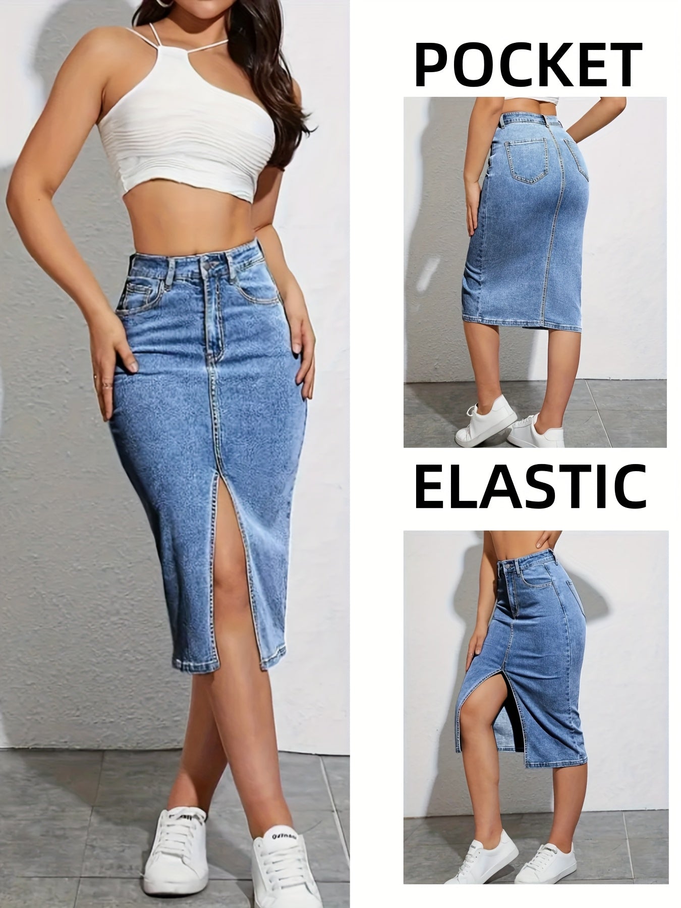 Women's Midi Denim Skirt - Solid Color Slit Detail detail view