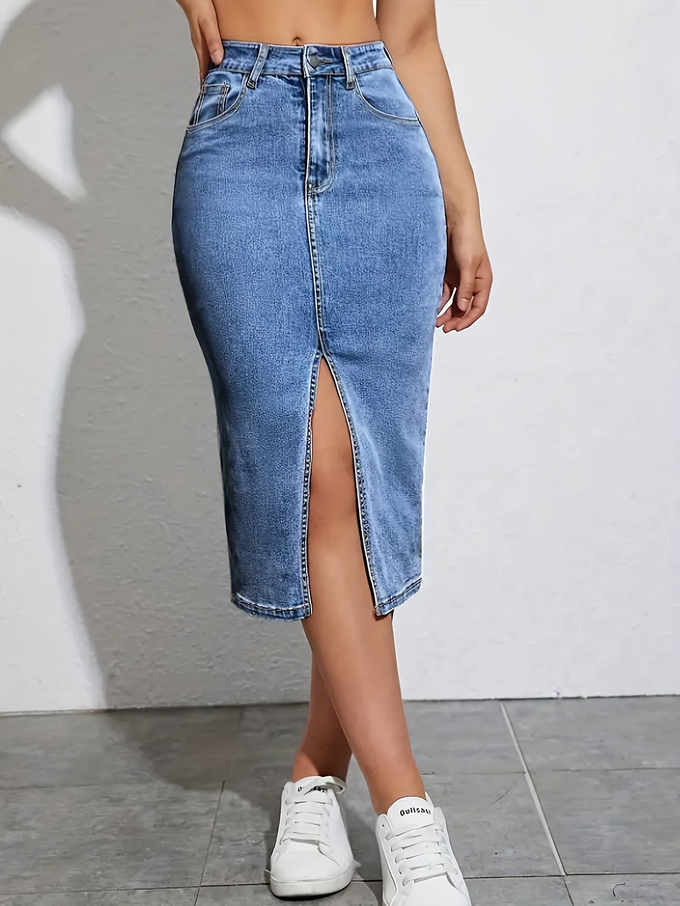 Women's Midi Denim Skirt - Solid Color Slit Detail detail view