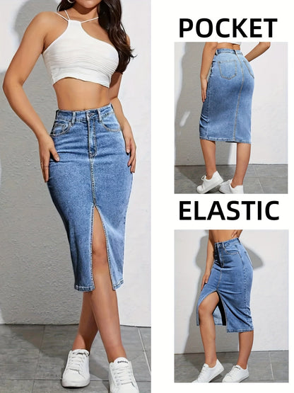Women's Midi Denim Skirt - Solid Color Slit Detail – Blue option – main product image