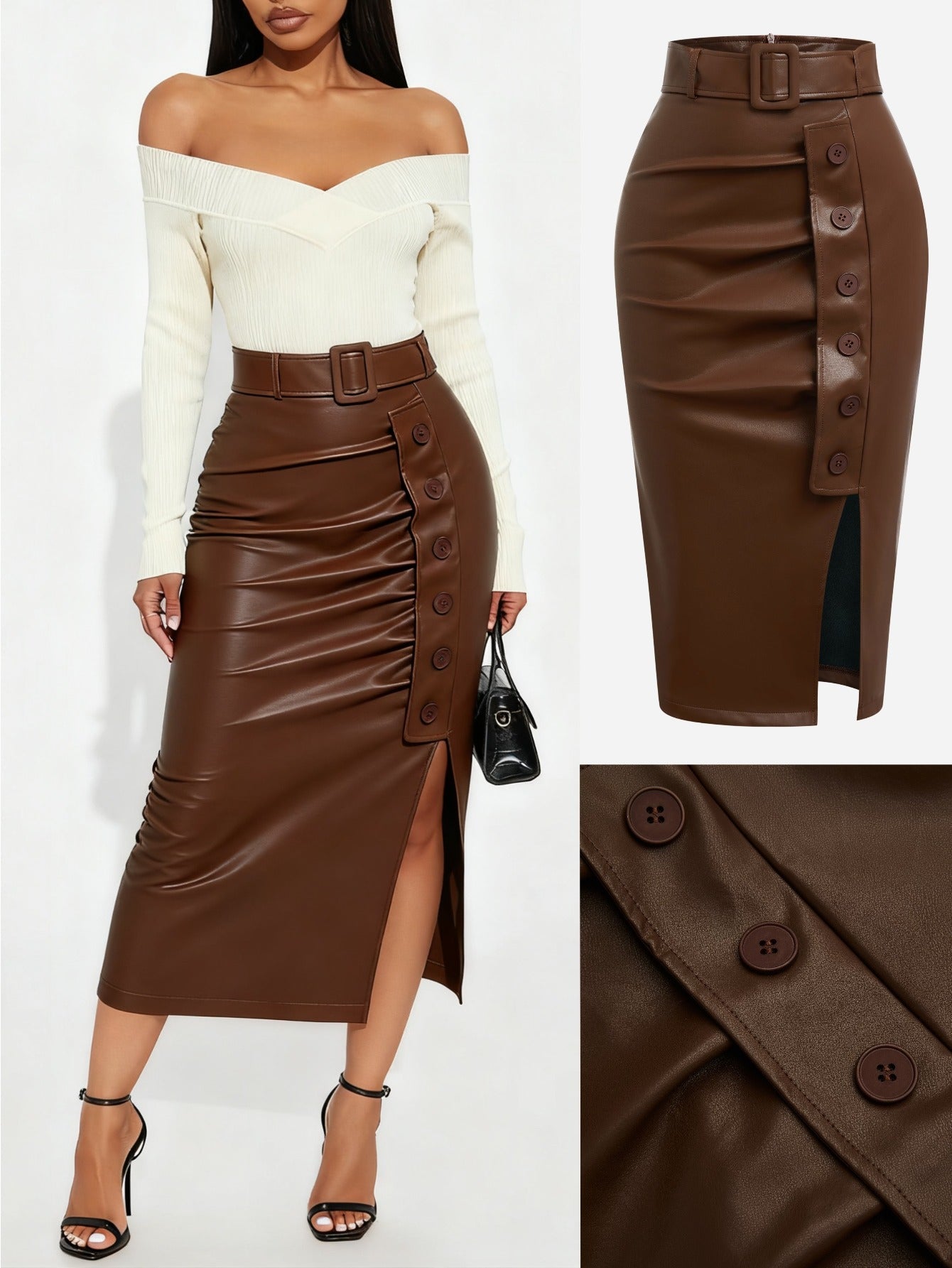 Women's Midi Pencil Skirt - High-Waist – Brown option – main product image