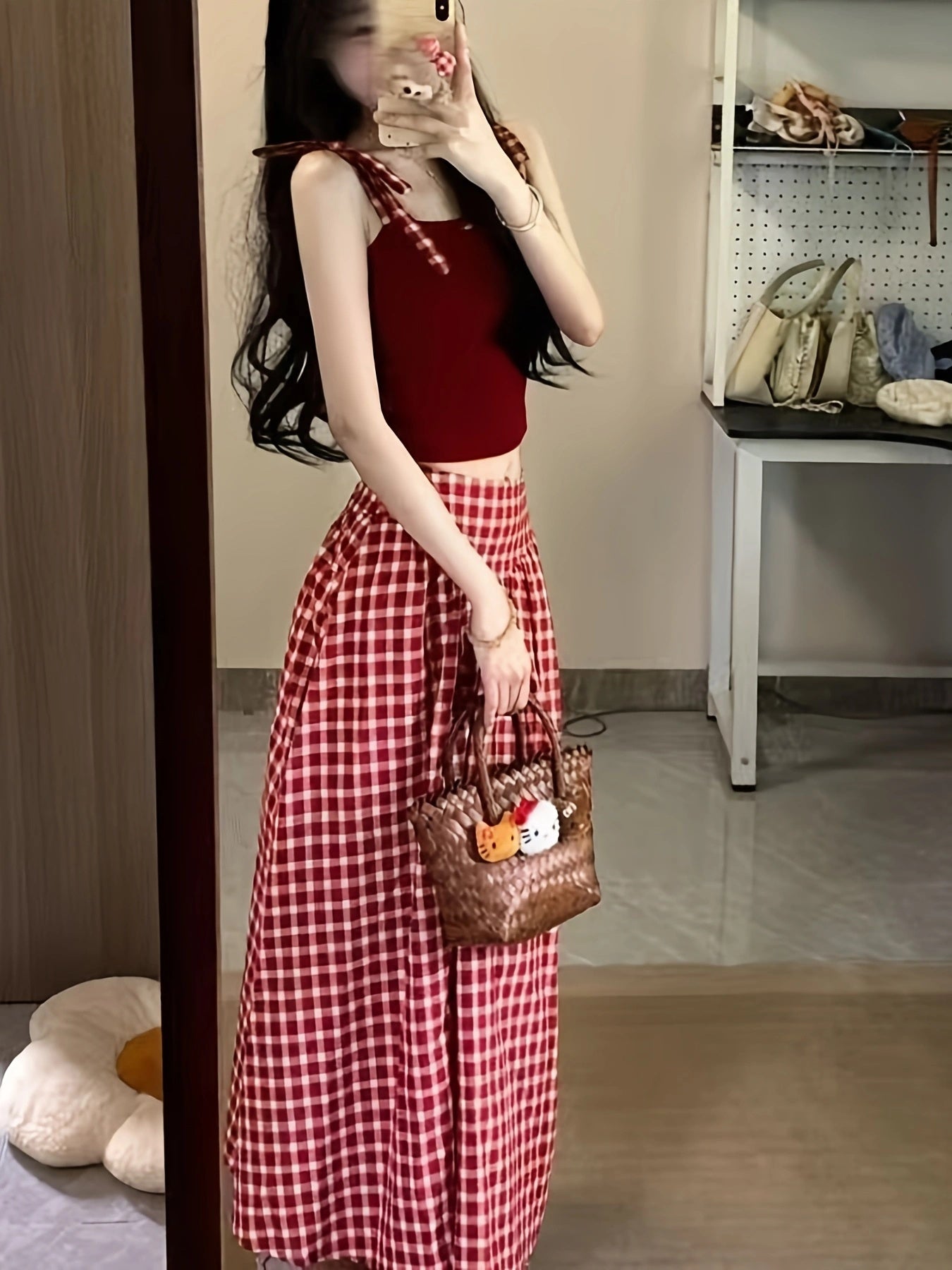 Women's Midi Pencil Skirt - High-Waist Plaid detail view