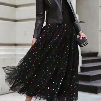 Women's Midi Pleated Skirt - Sequin Tulle Layer detail view