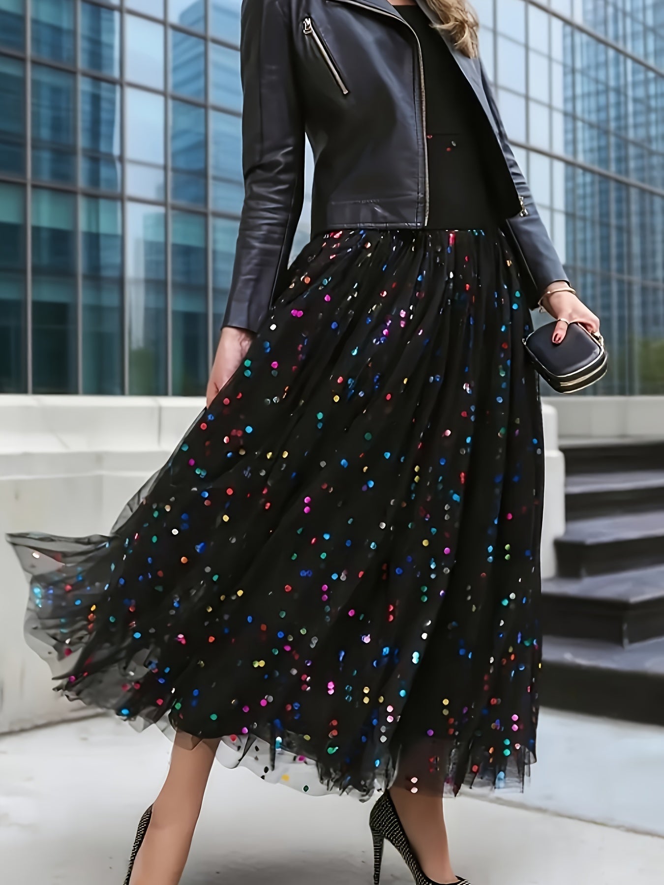 Women's Midi Pleated Skirt - Sequin Tulle Layer detail view