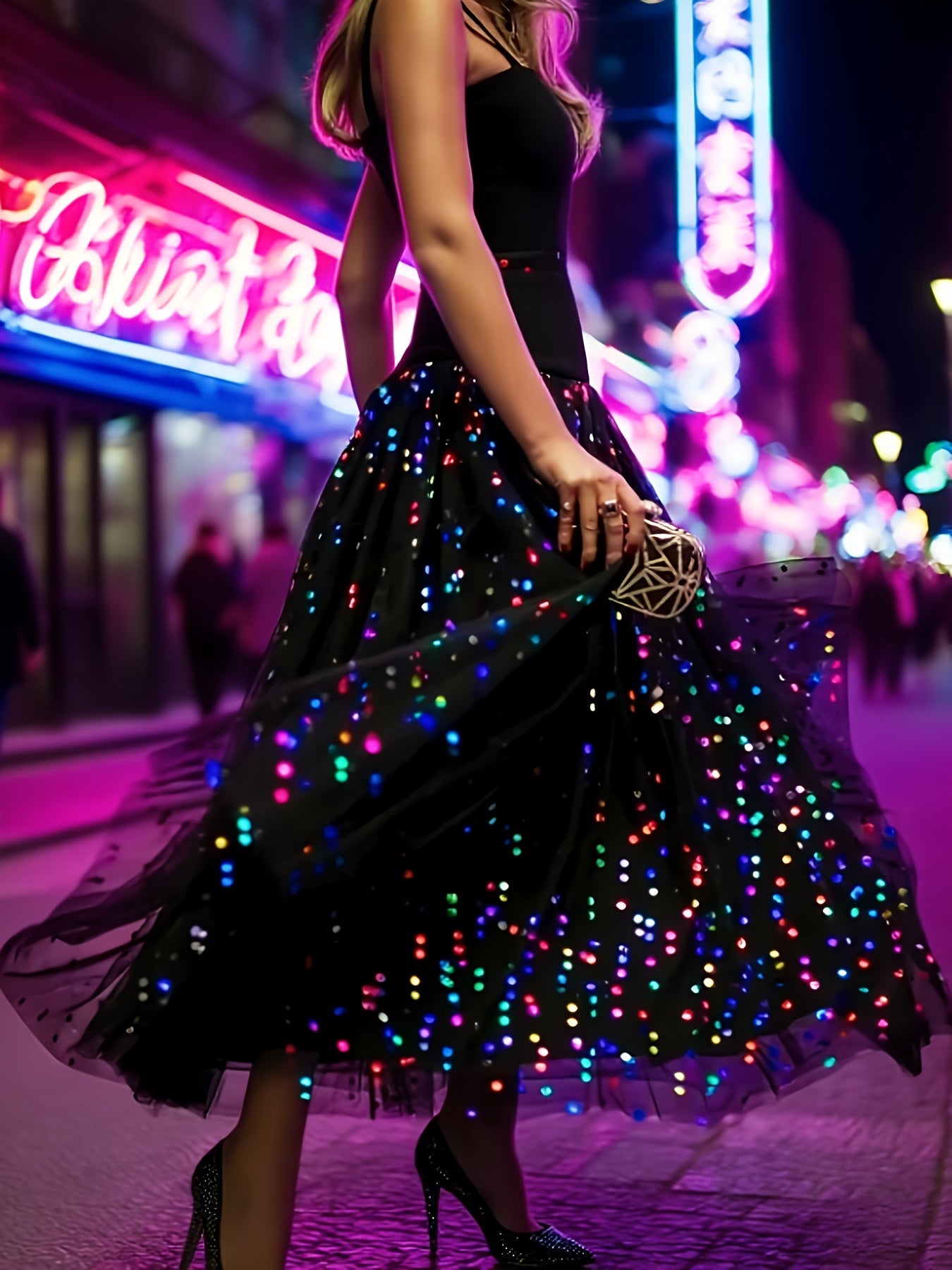 Women's Midi Pleated Skirt - Sequin Tulle Layer – Black option – main product image