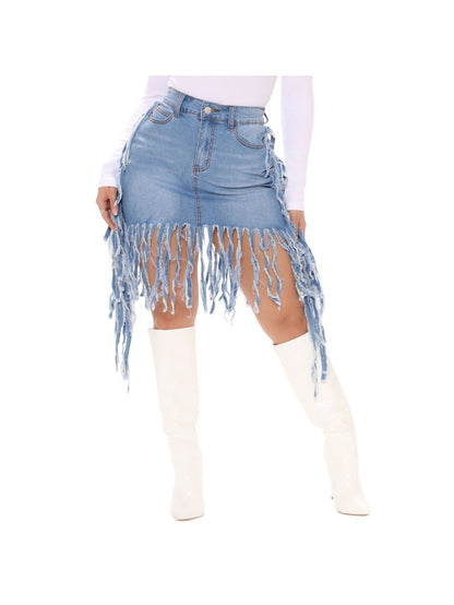 Women's Mini Denim Skirt - High-Waist Frayed Hem detail view
