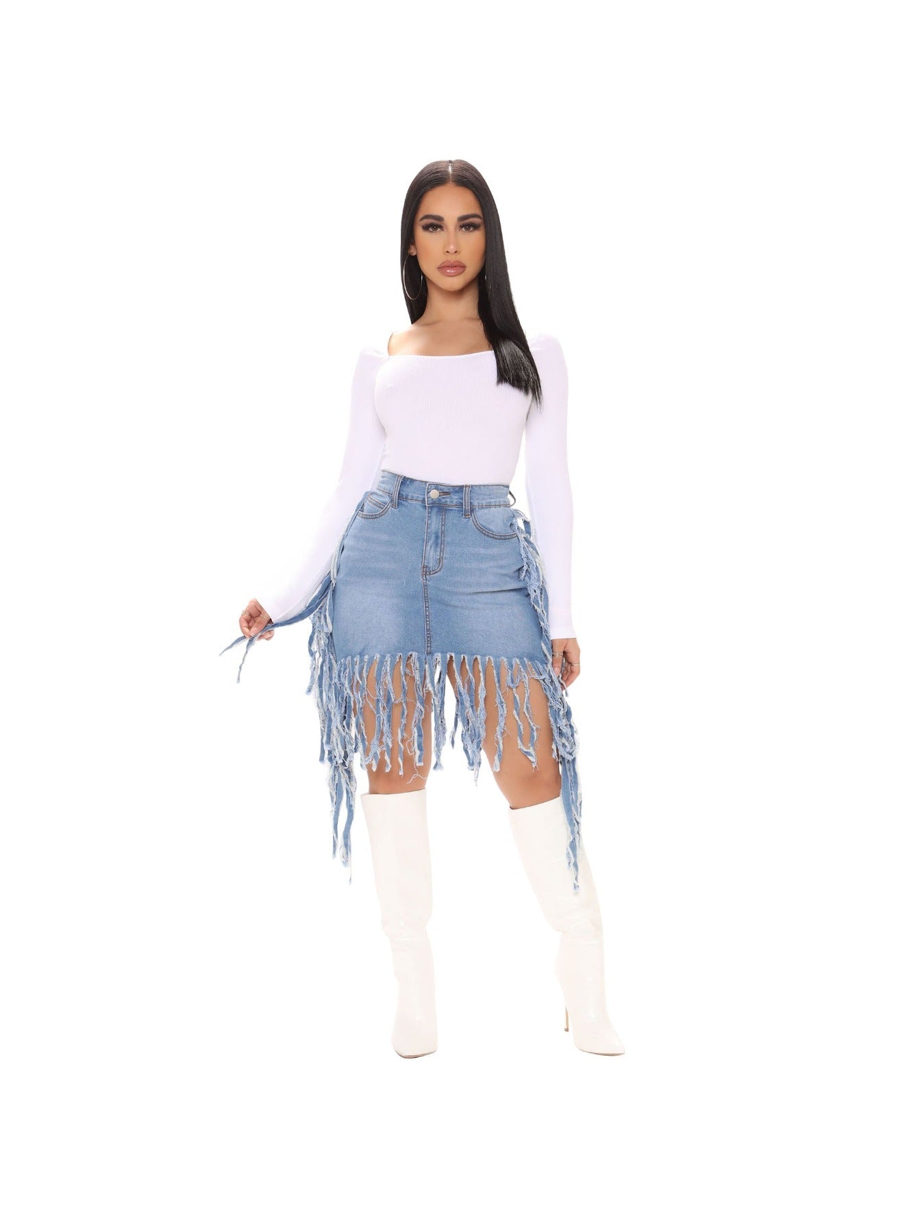 Women's Mini Denim Skirt - High-Waist Frayed Hem detail view