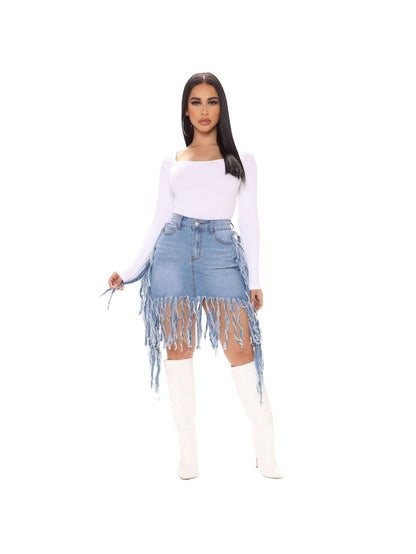 Women's Mini Denim Skirt - High-Waist Frayed Hem detail view