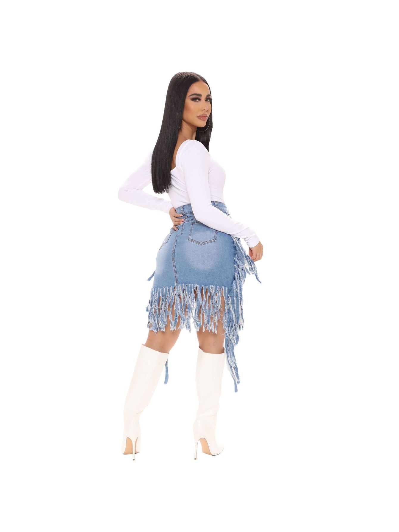 Women's Mini Denim Skirt - High-Waist Frayed Hem detail view