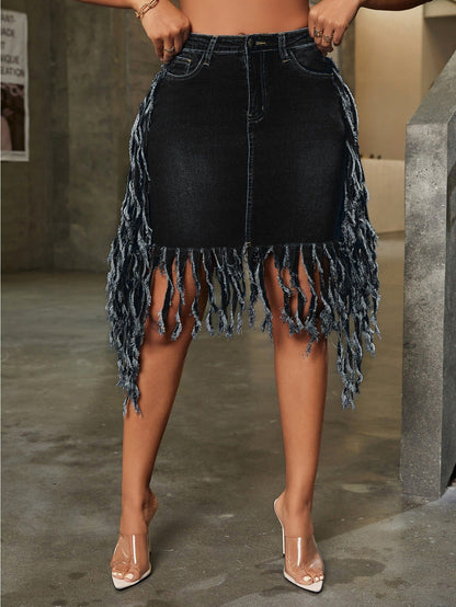 Women's Mini Denim Skirt - High-Waist Frayed Hem – Blue option – view 3