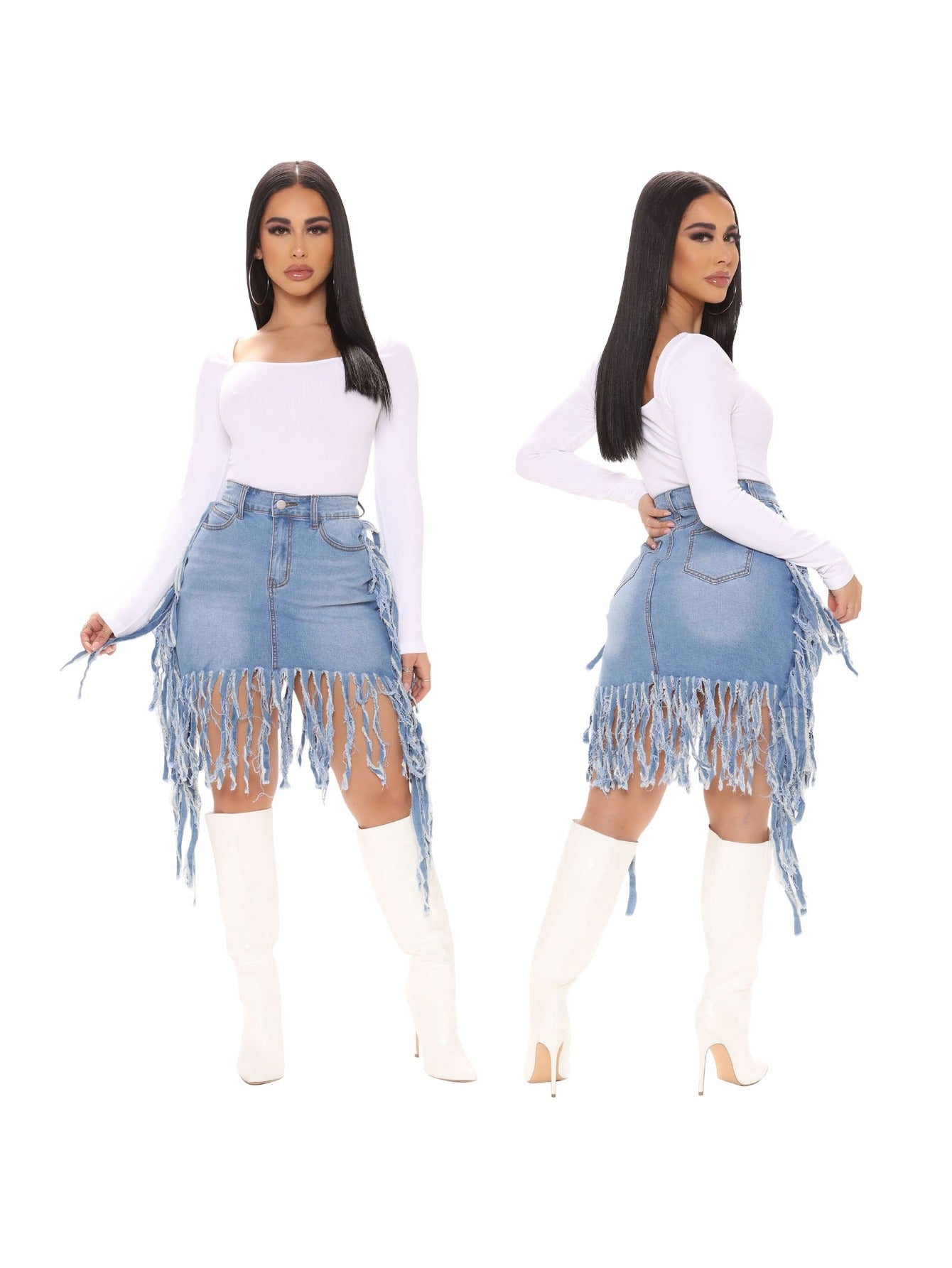 Women's Mini Denim Skirt - High-Waist Frayed Hem – Blue option – view 8