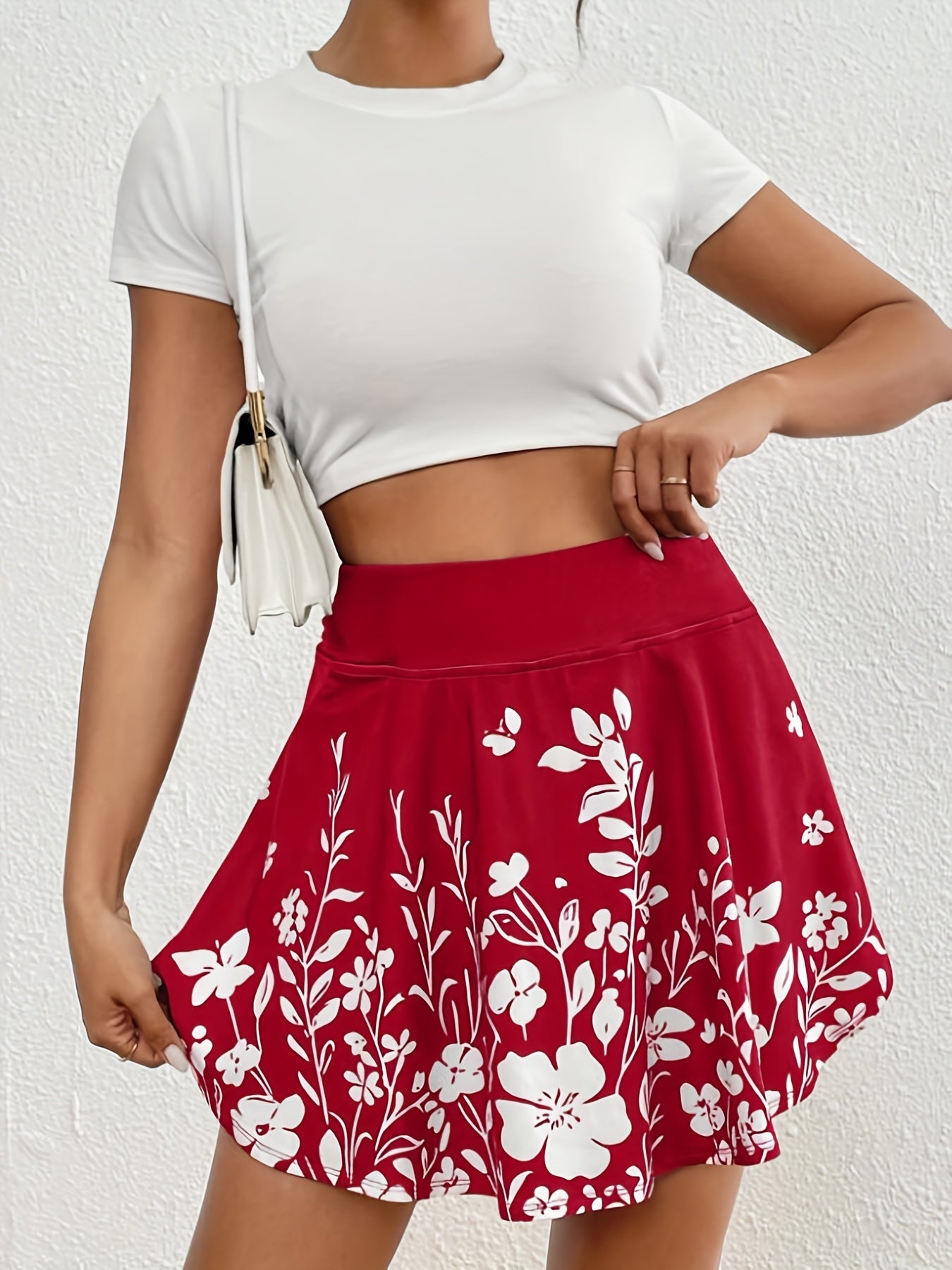 Women's Mini Skirt - High-Waist Floral Print – Black option – view 6