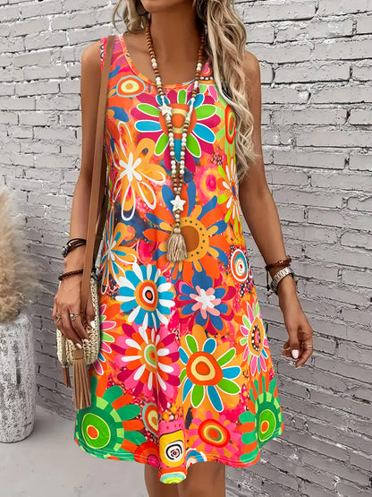 Women's Mixed Colors Floral Vacation Dress - Sleeveless detail view
