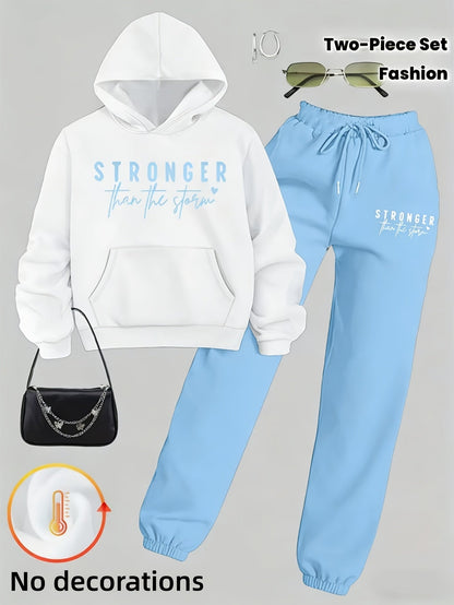 Women's Motivational Hoodie Outfit Set - Stronger Than The Storm Print – Blue option – main product image