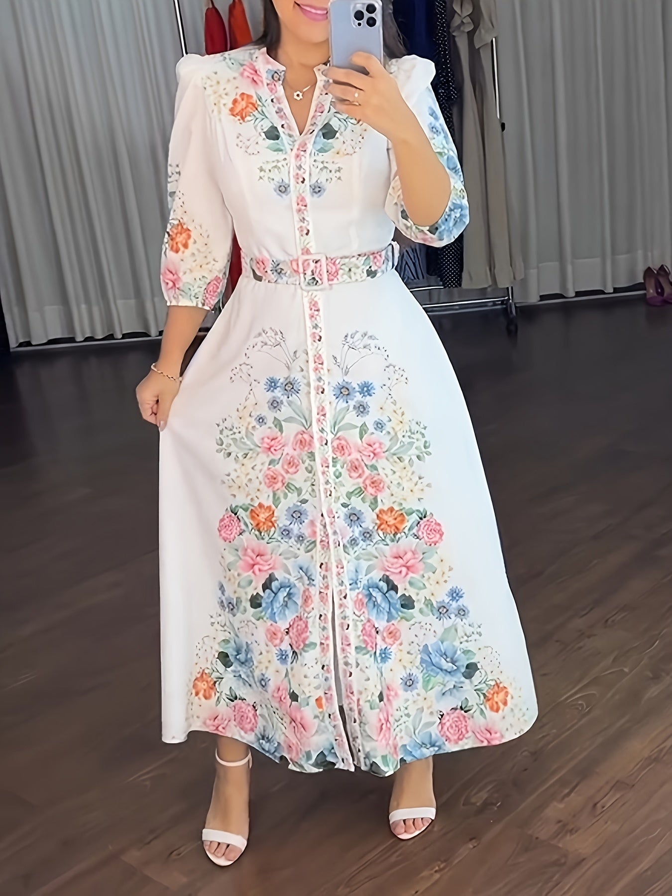 Women's Multicolor Floral Maxi A-Line Dress - Belted detail view