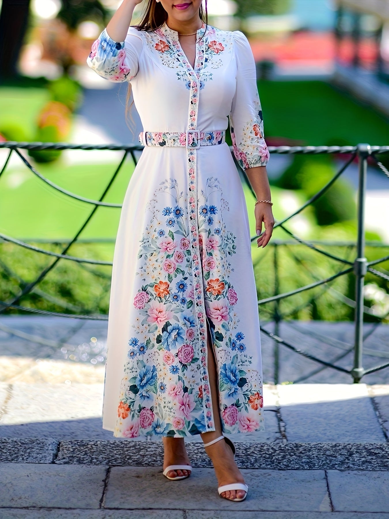 Women's Multicolor Floral Maxi A-Line Dress - Belted detail view