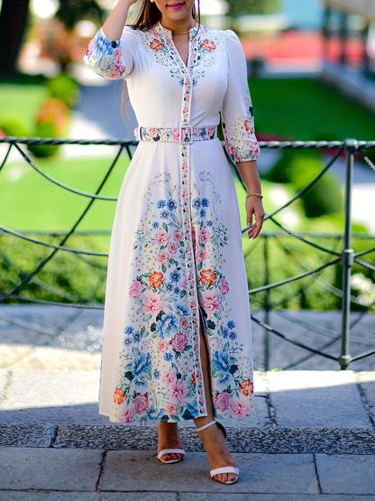Women's Multicolor Floral Maxi A-Line Dress - Belted detail view