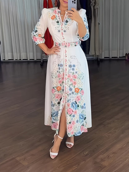 Women's Multicolor Floral Maxi A-Line Dress - Belted detail view