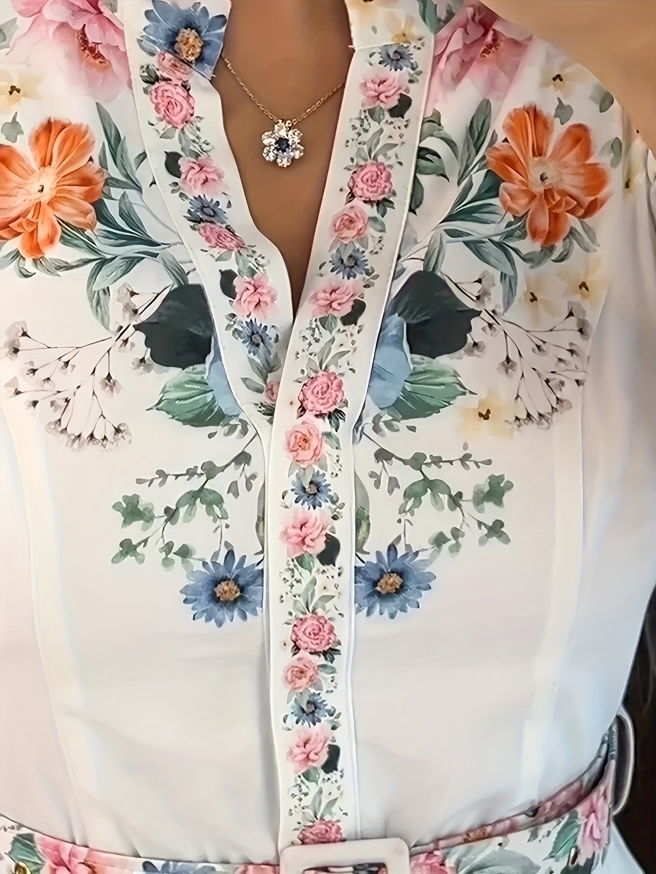 Women's Multicolor Floral Maxi A-Line Dress - Belted detail view