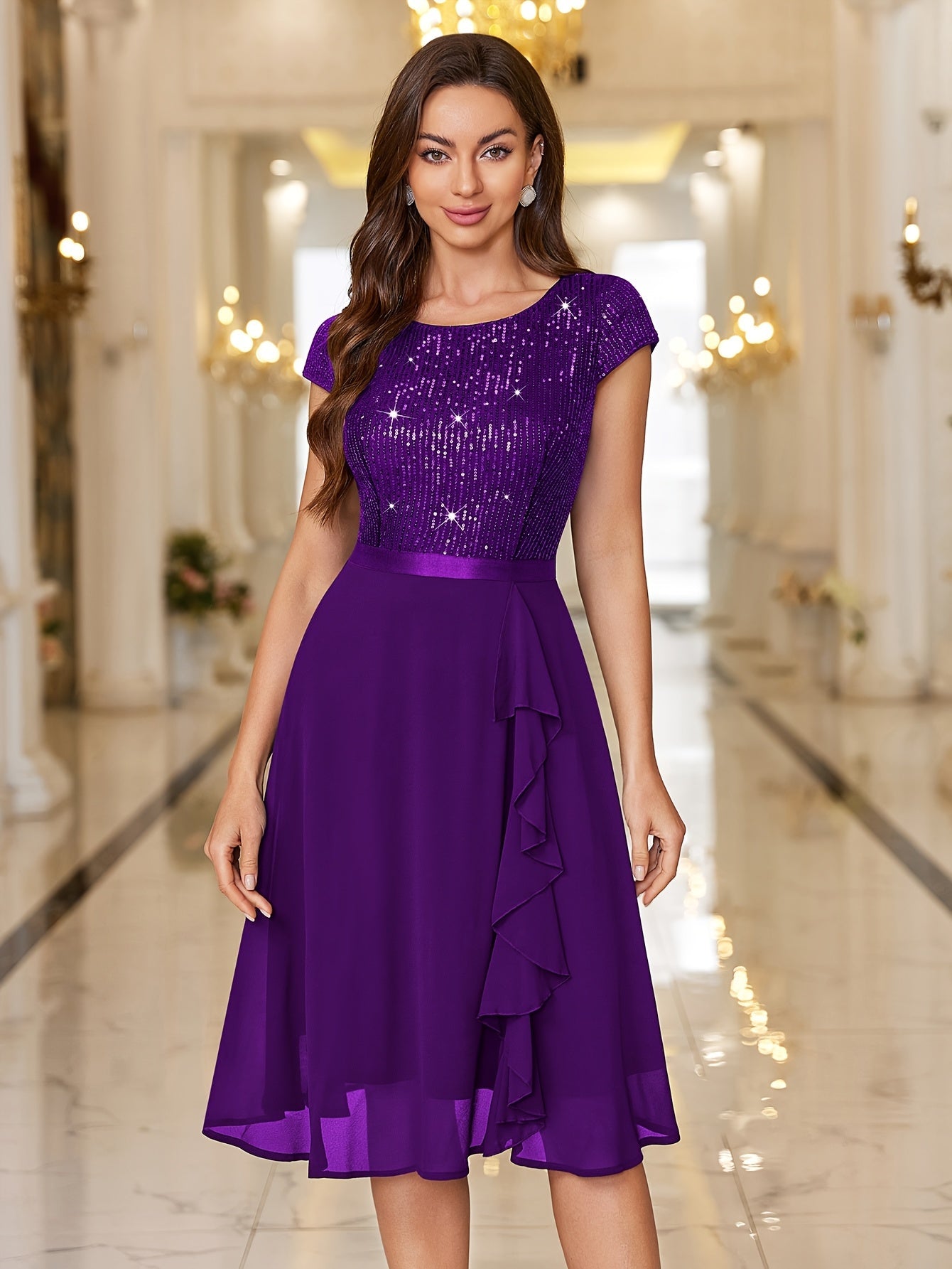 Women's Navy Color A-Line Dress - Ruffle – Navy option – view 3
