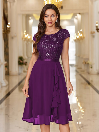Women's Navy Color A-Line Dress - Ruffle detail view