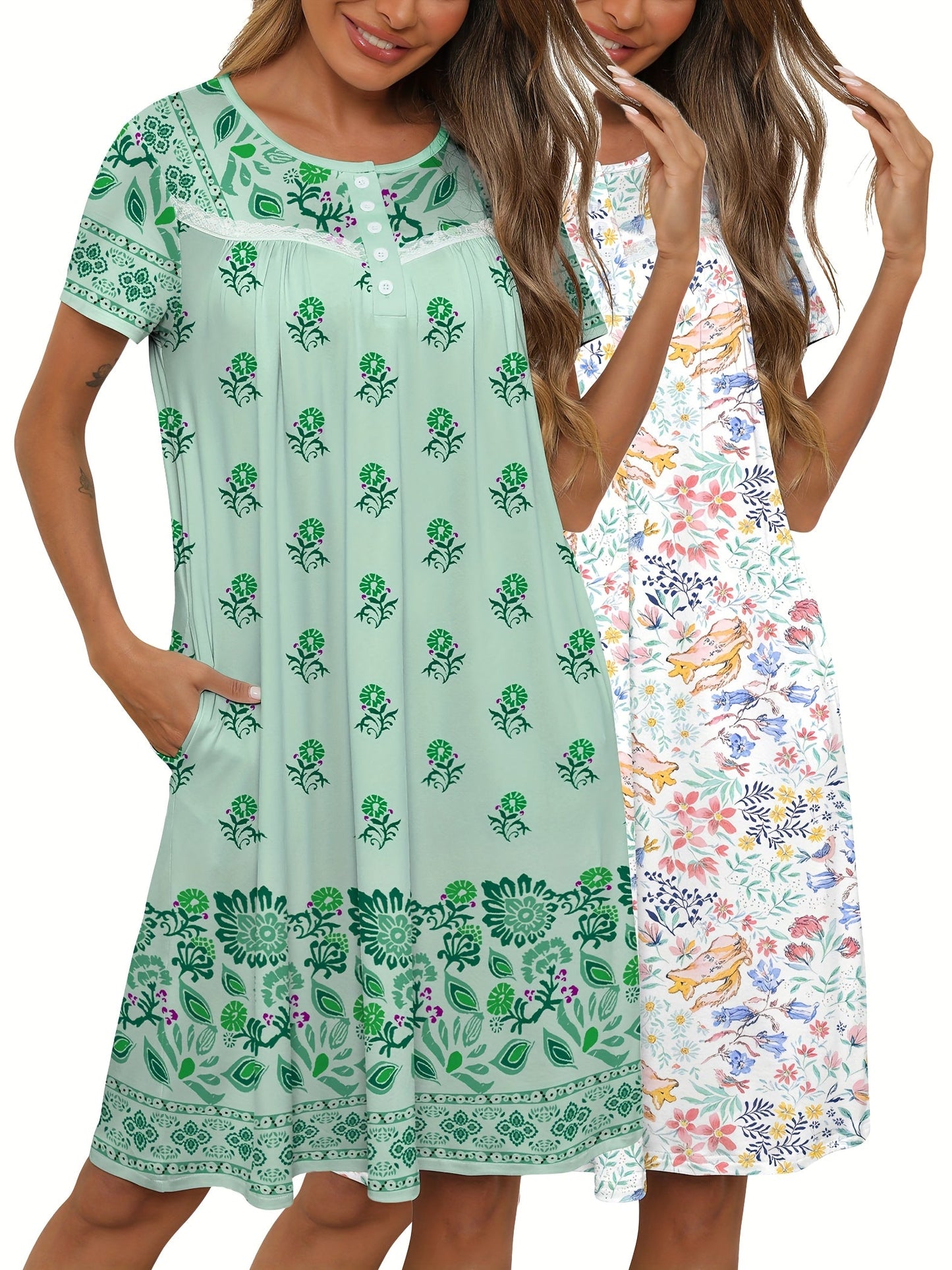 Women's Nightgown - Soft Lounge Comfort – Blue Lace Floral – view 11