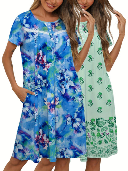 Women's Nightgown - Soft Lounge Comfort – Blue Lace Floral – view 14
