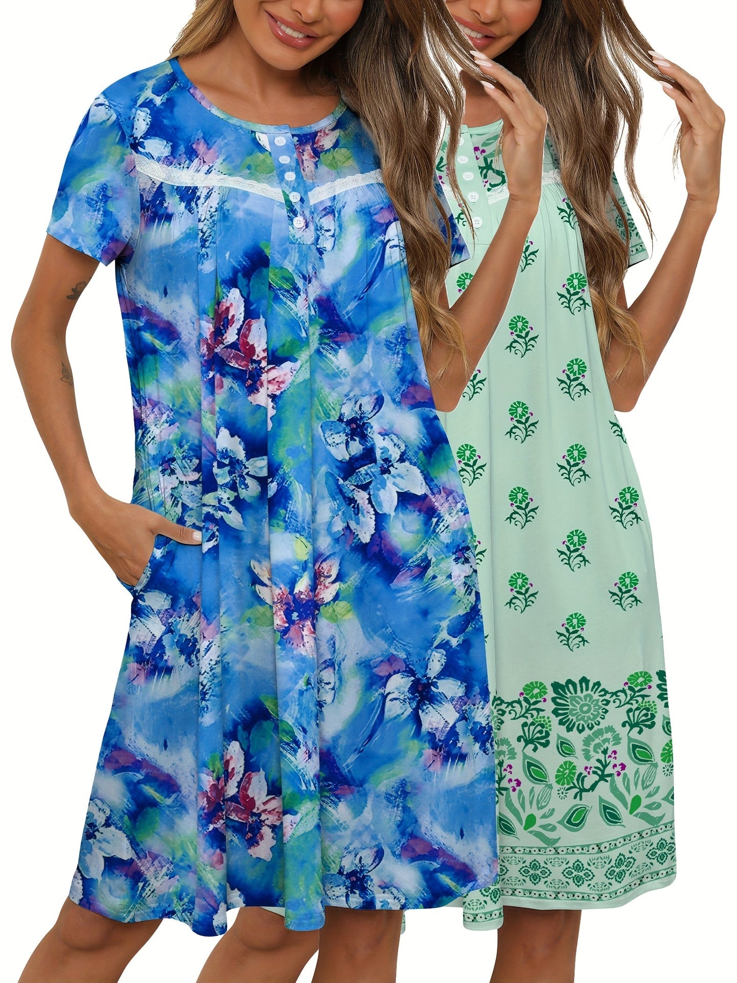 Women's Nightgown - Soft Lounge Comfort – Blue Lace Floral – Blue option – main product image
