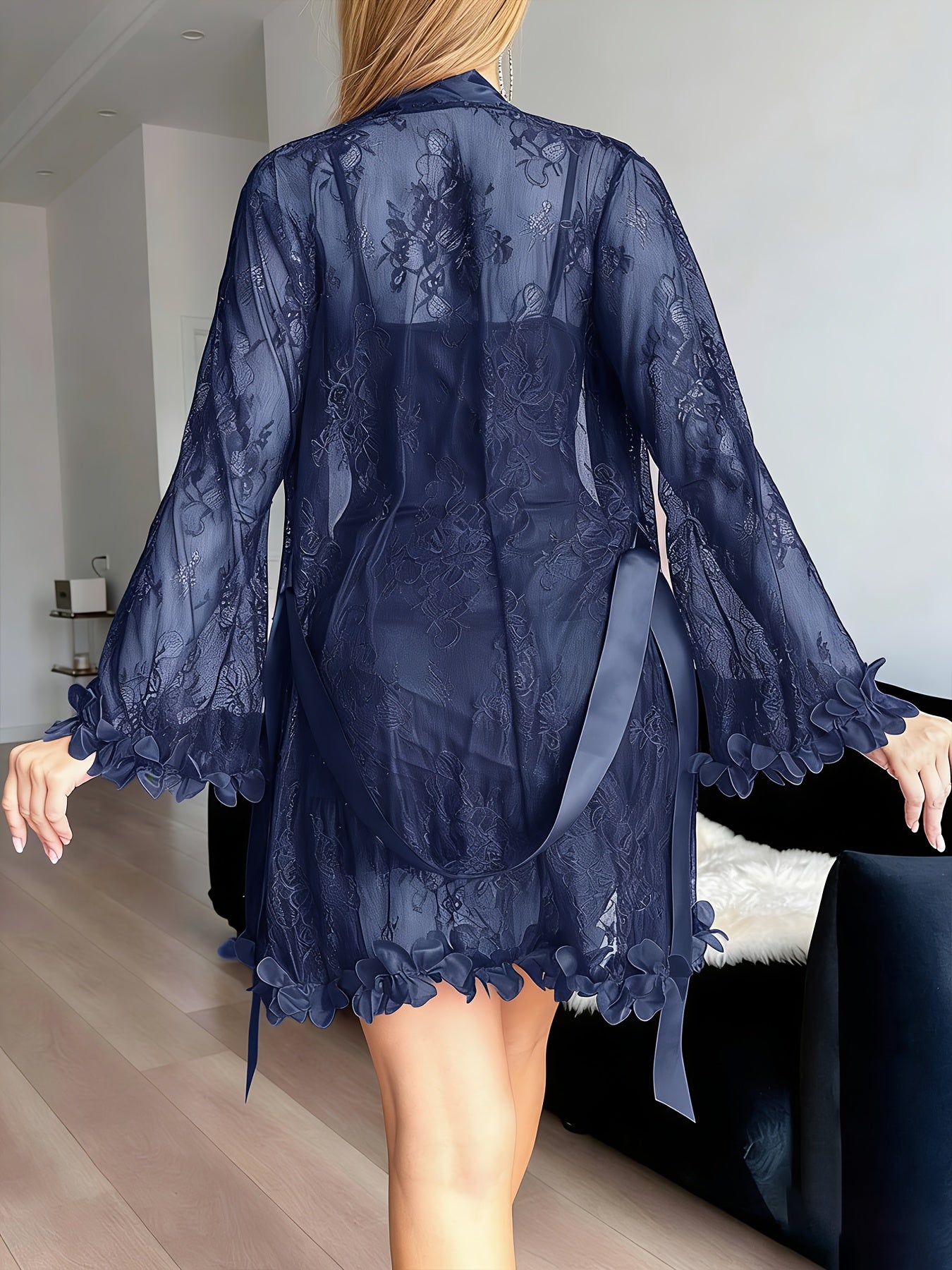 Women's Nightgown – Women's Black Satin Ruffle V-Neck Outfit Set – view 7