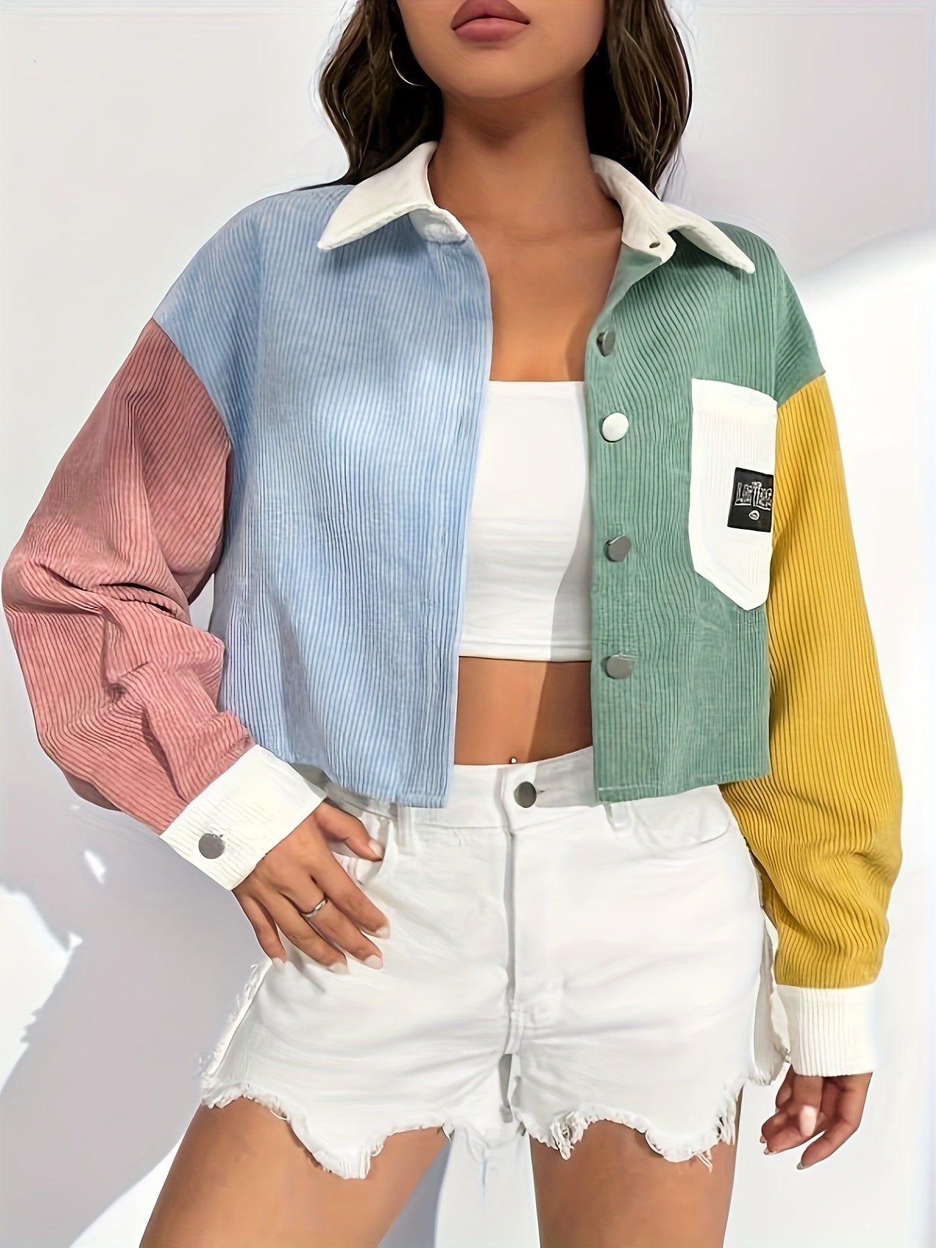 Women's Off-Shoulder Jacket - Color Block Letter Patch detail view
