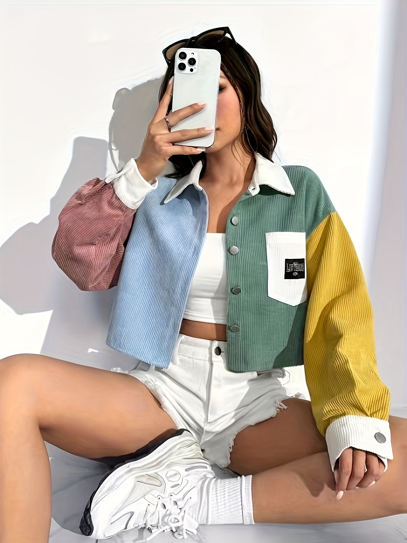 Women's Off-Shoulder Jacket - Color Block Letter Patch detail view