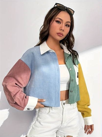 Women's Off-Shoulder Jacket - Color Block Letter Patch detail view