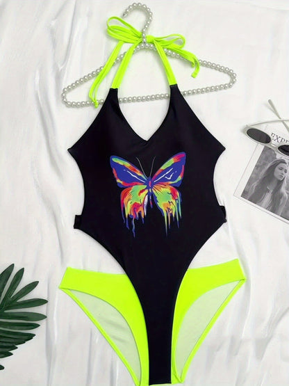 Women's One-Piece Swimsuit - Butterfly Print Halter Neck detail view