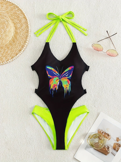 Women's One-Piece Swimsuit - Butterfly Print Halter Neck detail view