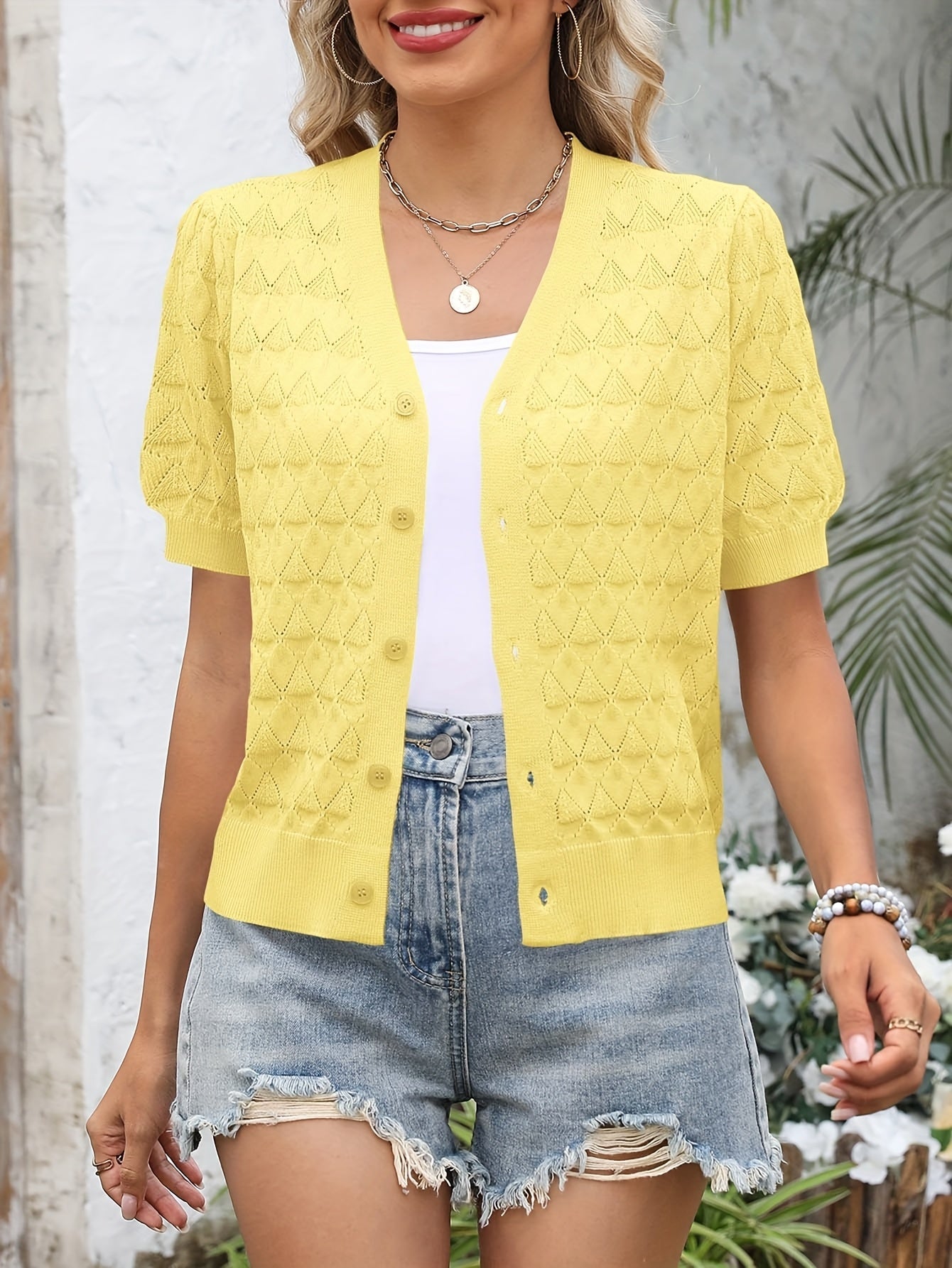 Women's Openwork Denim Open-Front Cardigan – Sizes S–XXL detail view