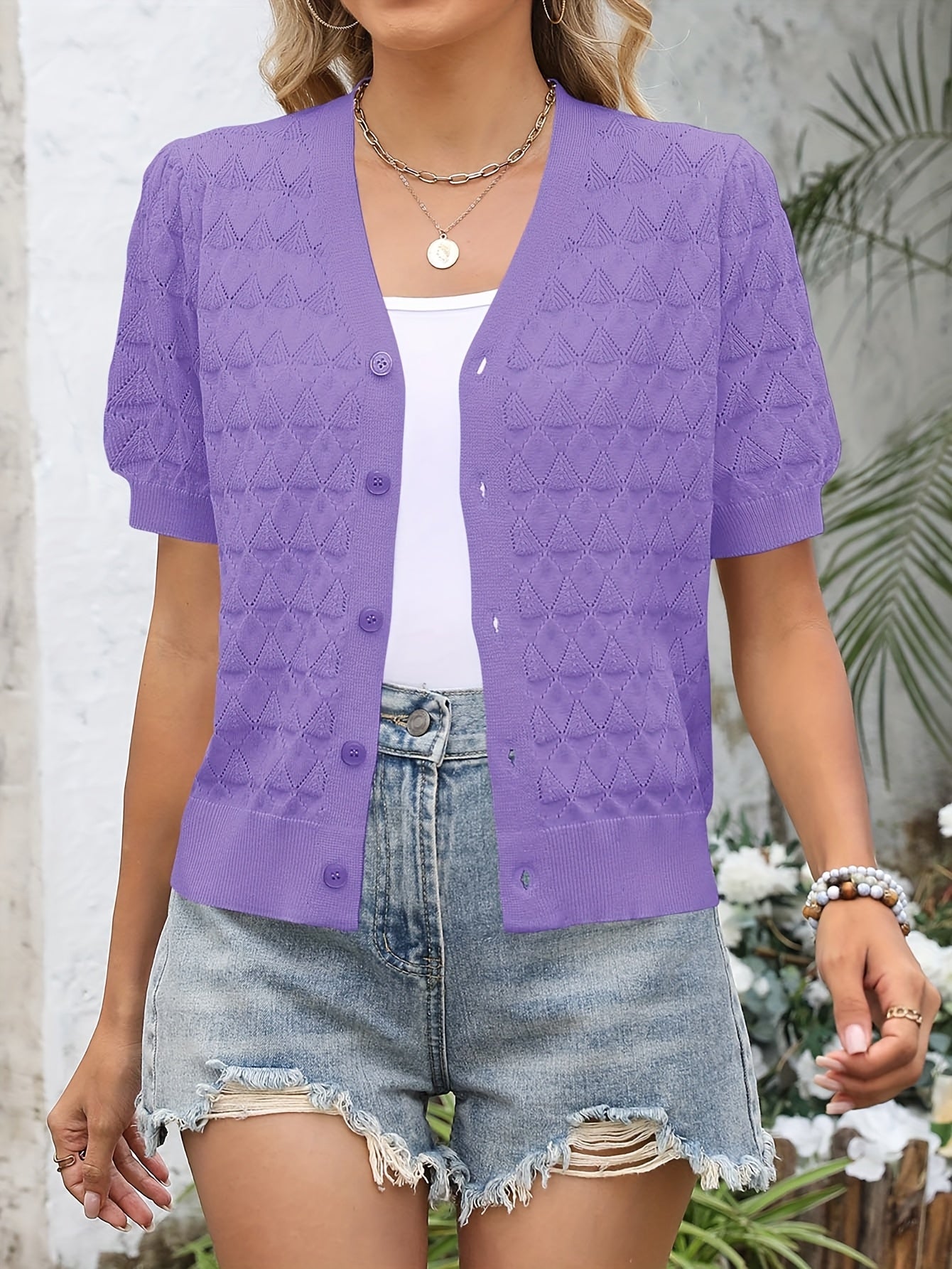 Women's Openwork Denim Open-Front Cardigan – Sizes S–XXL detail view