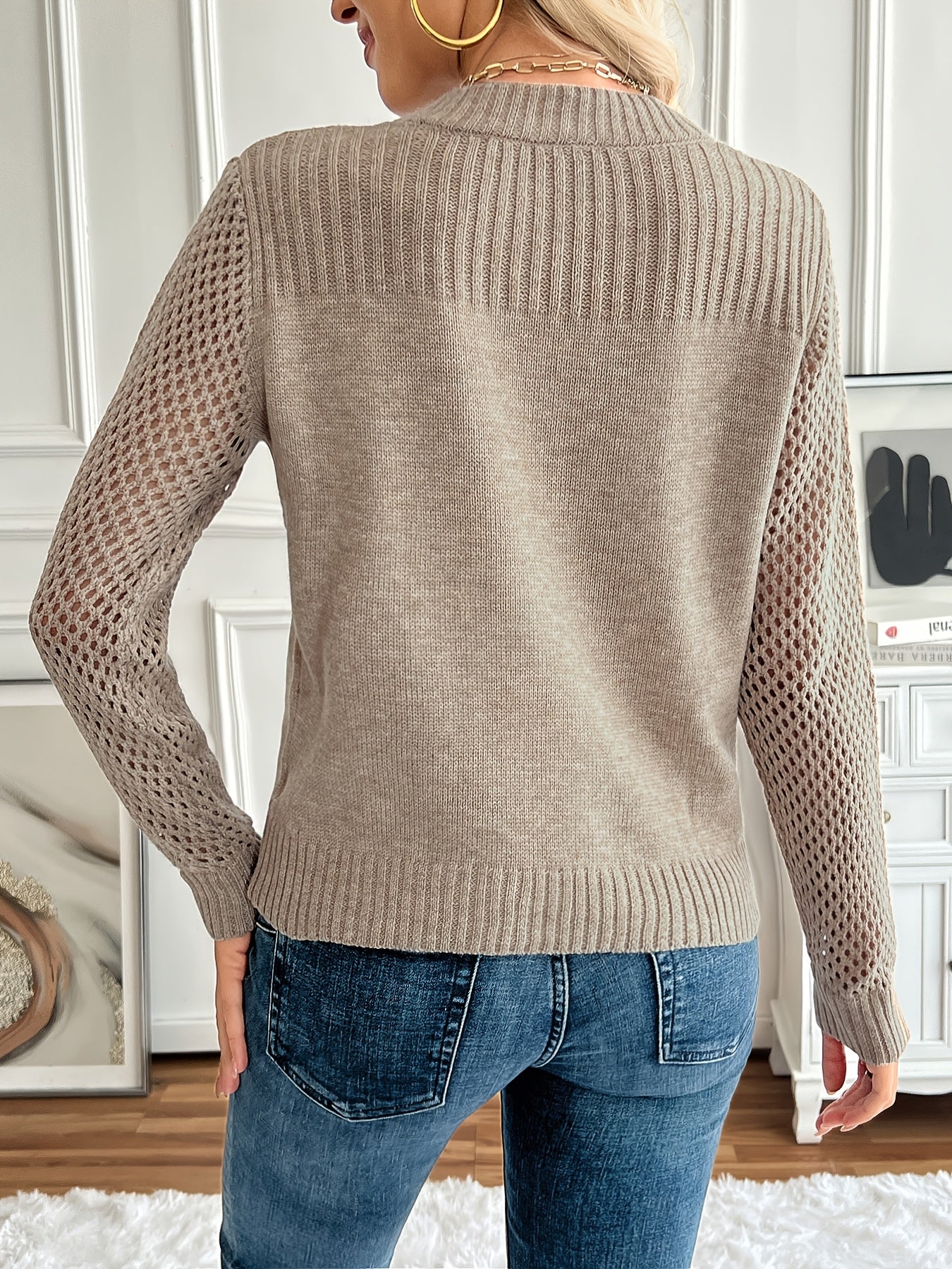 Women's Openwork Pullover Sweater - Slim Fit Classic Neck detail view