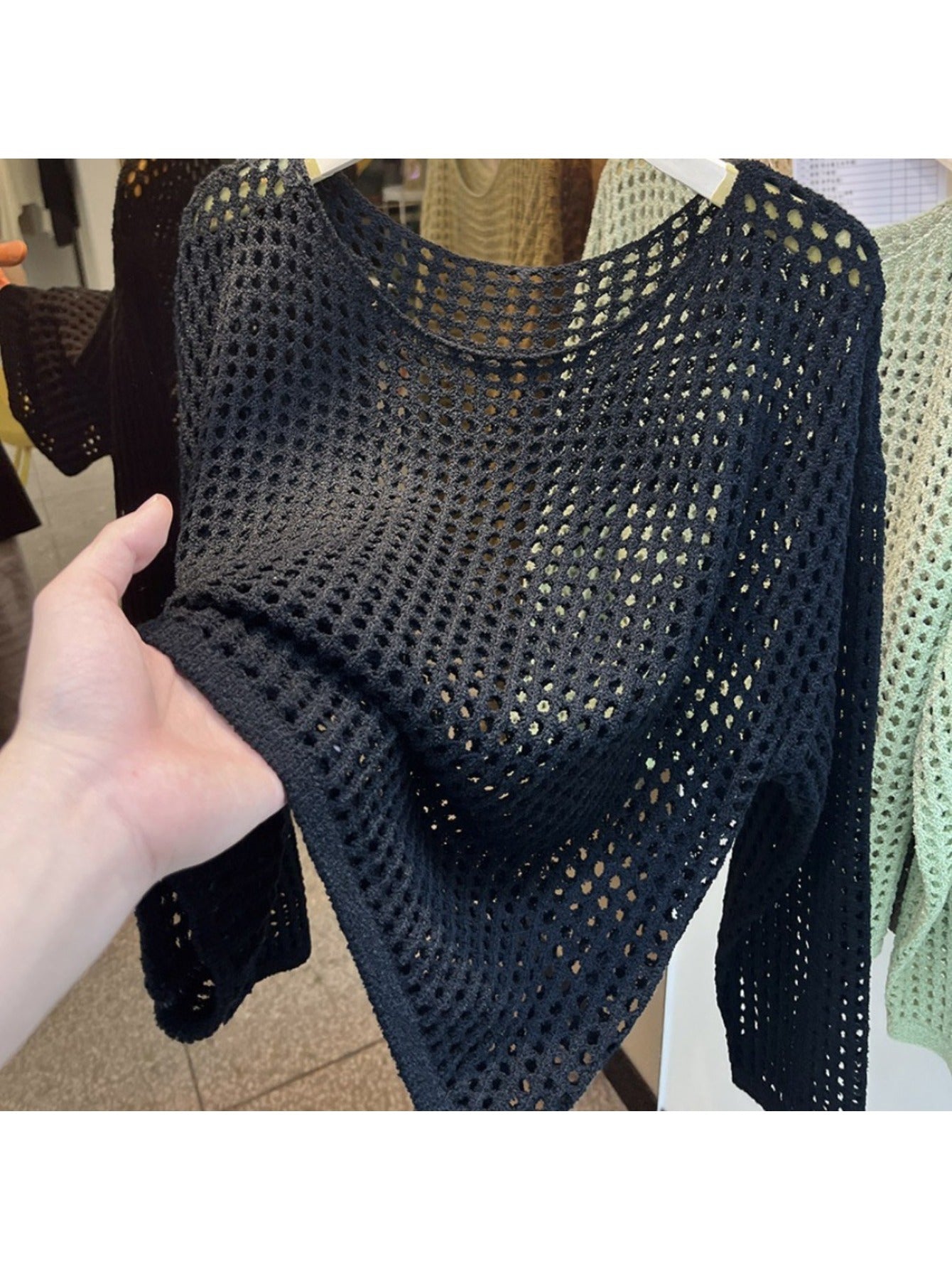 Women's Openwork Sweater - Crew Neck Long Sleeve detail view