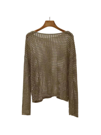 Women's Openwork Sweater - Crew Neck Long Sleeve detail view